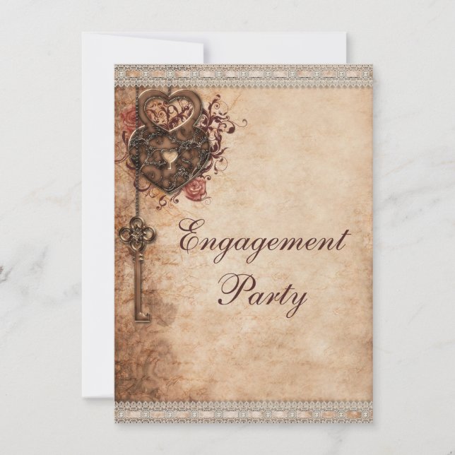 Vintage Hearts Lock and Key Engagement Party Invitation (Front)