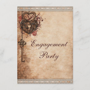 Vintage Hearts Lock and Key Engagement Party Invitation