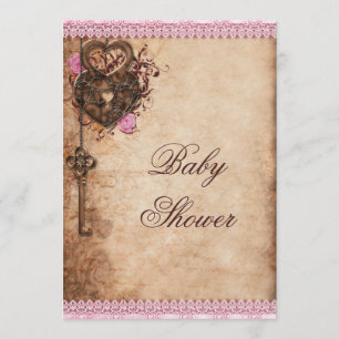 Vintage Hearts Lock and Key Girl Baby Shower Invitation