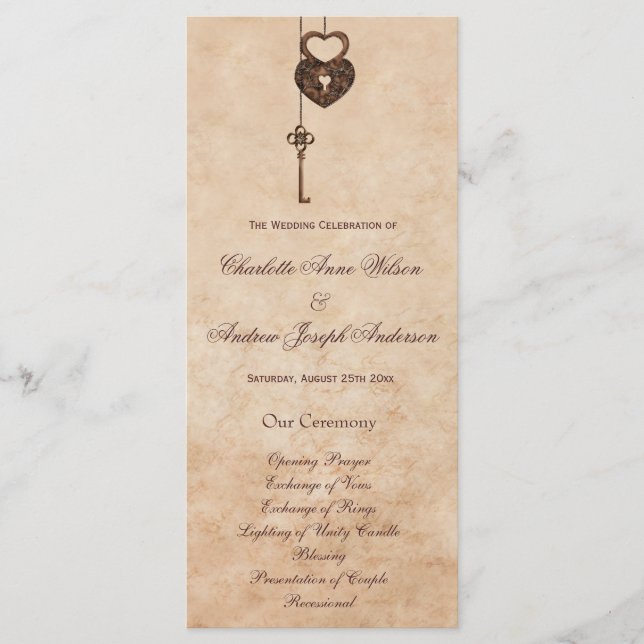 Vintage Hearts Lock and Key Wedding Program Programme (Front)