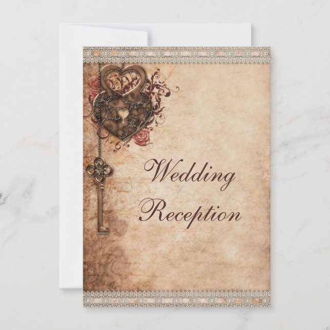 Vintage Hearts Lock and Key Wedding Reception Invitation (Front)