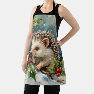 Vintage Hedgehog Among Holly Christmas Apron