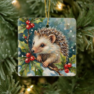 Vintage Hedgehog Among Holly Christmas Ceramic Ornament
