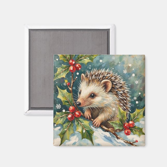 Vintage Hedgehog Among Holly Christmas Magnet (Front/Back)