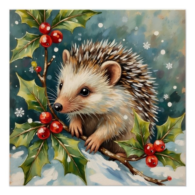 Vintage Hedgehog Among Holly Christmas Poster (Front)