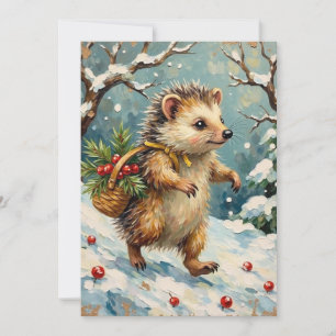 Vintage Hedgehog with Christmas Berry Basket Holiday Card