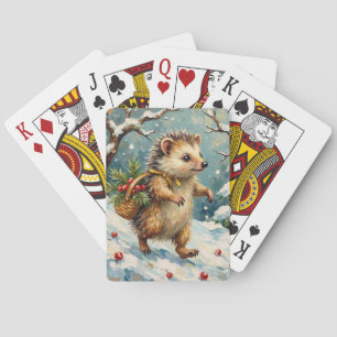Vintage Hedgehog with Christmas Berry Basket Playing Cards