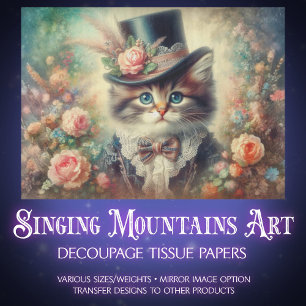 Vintage Heirloom Botanical Kitten Decoupage Tissue Paper