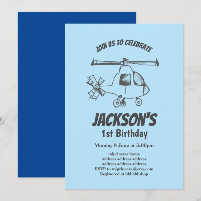 vintage,  Helicopter, boy birthday invitation (Front/Back)