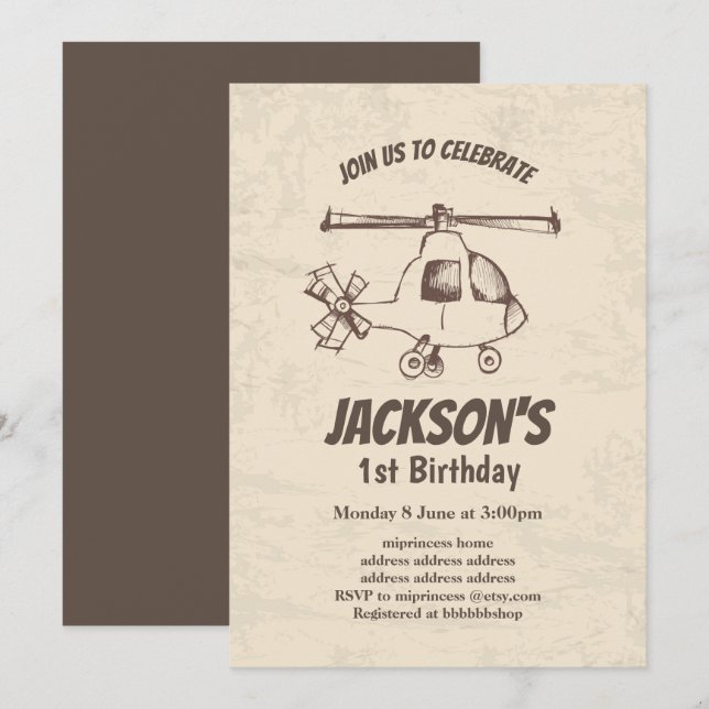 vintage,  Helicopter, boy birthday invitation (Front/Back)