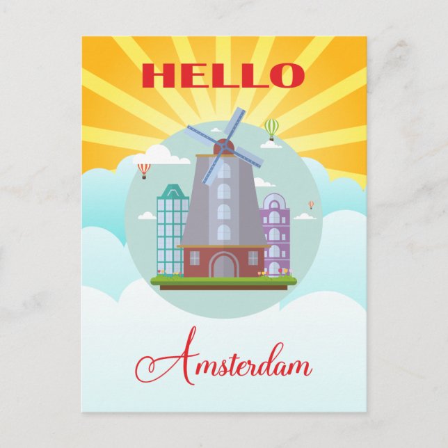 Vintage Hello Amsterdam Holland Travel Postcard (Front)