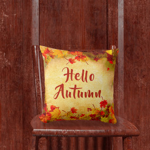 Vintage Hello Autumn Red Orange Leaves Old Paper Cushion