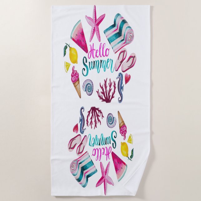 Vintage Hello Summer Time Beach Towel (Front)