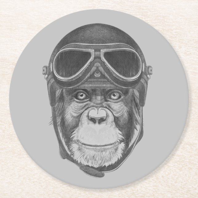 Vintage Helmet Chimpanzee Round Paper Coaster (Front)
