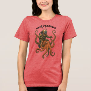 Vintage Helmet Diver Riding a Giant Octopus URM Tri-Blend Shirt