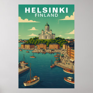 Vintage Helsinki Finland Harbor Waterfront Travel Poster