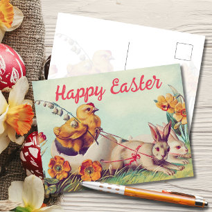 Vintage Hen and Bunny Carriage Easter Holiday Postcard