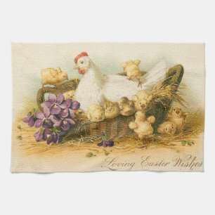 Vintage Hen And Chickens Easter Tea Towel