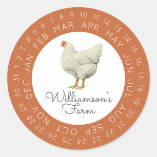 Vintage Hen Encircled Date Egg Carton Burnt Orange Classic Round Sticker