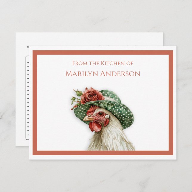 Vintage Hen in a Green Hat Recipe Card | (Front/Back)
