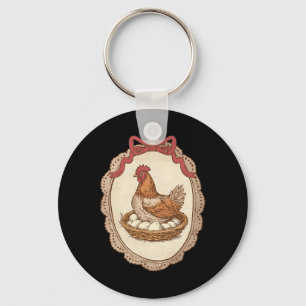 Vintage Hen On Nest With Eggs Cottagecore Farm Chi Key Ring