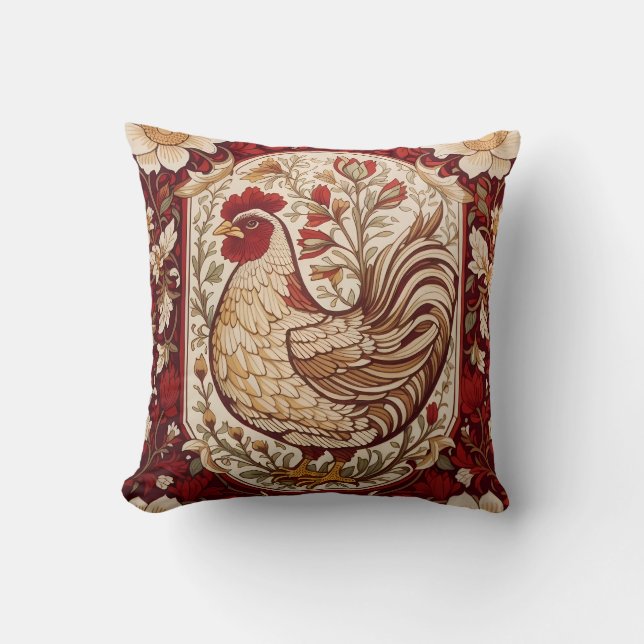 Vintage Hen Red and Cream Floral Cushion (Front)