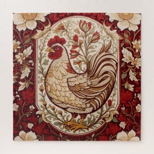 Vintage Hen Red and Cream Floral Jigsaw Puzzle
