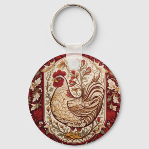 Vintage Hen Red and Cream Floral Key Ring