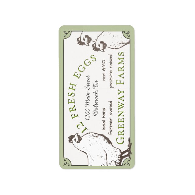 Vintage Hen Small Rectangular Carton Label Green (Front)