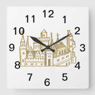 Vintage Heraldic Castle #2 Crest Faux Gold Square Wall Clock
