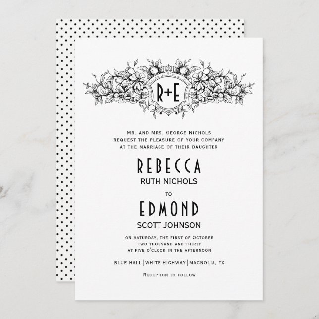 Vintage heraldic crest with initials wedding invitation (Front/Back)