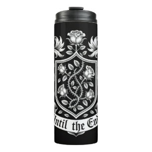Vintage Heraldic Crest with Roses – Until the End Thermal Tumbler