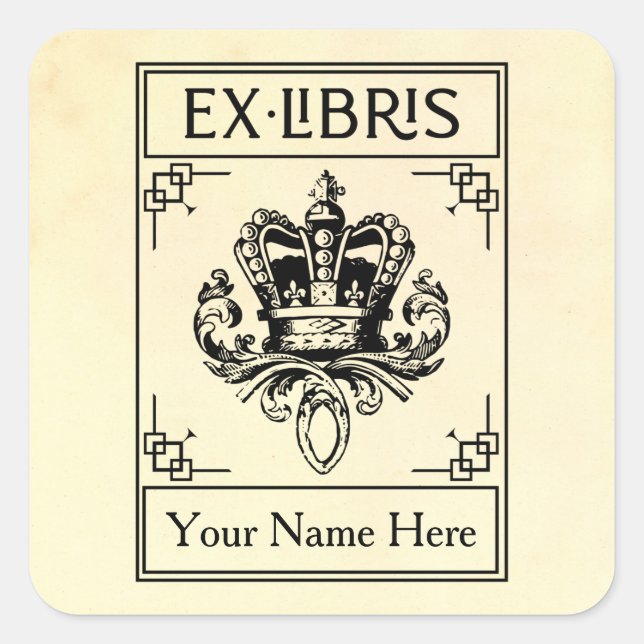 Vintage Heraldic Crown Ex Libris Square Sticker (Front)