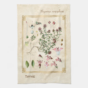 Vintage Herbal Illustrations Wild Thyme Botanical Tea Towel