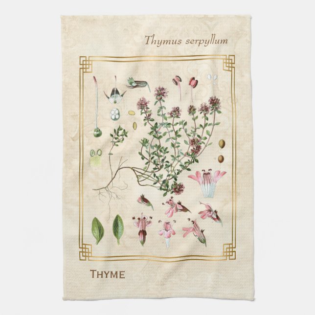 Vintage Herbal Illustrations Wild Thyme Botanical Tea Towel (Vertical)