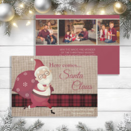 Vintage Here Comes Santa Claus Plaid Burlap Photo Invitation