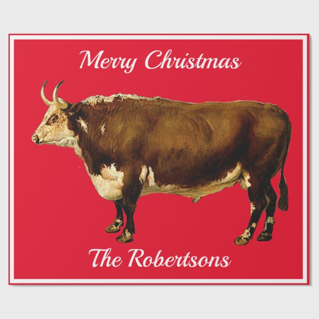 Vintage Hereford Bull on Red Wrapping Paper (Flat)