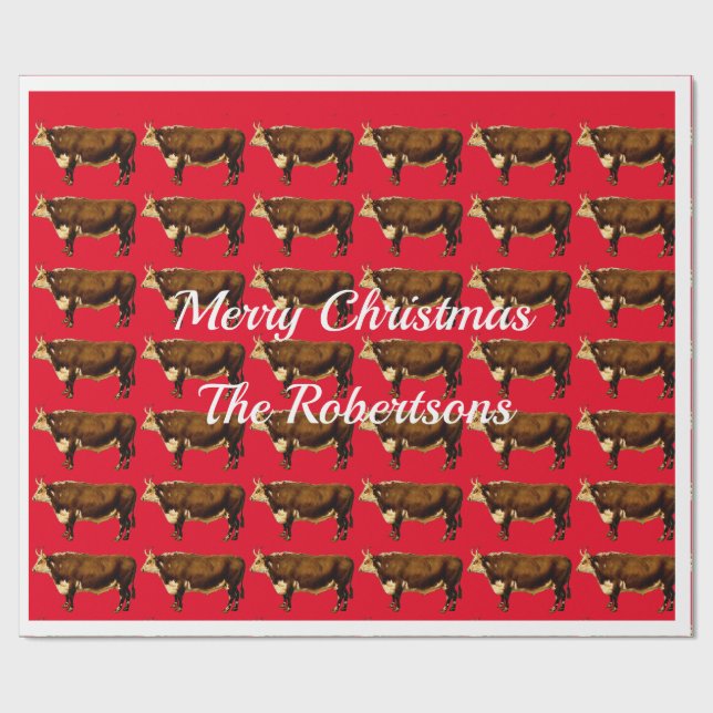 Vintage Hereford Bulls on Red Wrapping Paper (Flat)