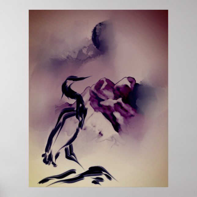 Vintage Heron Bird Mountains painting Landscape Poster (Front)