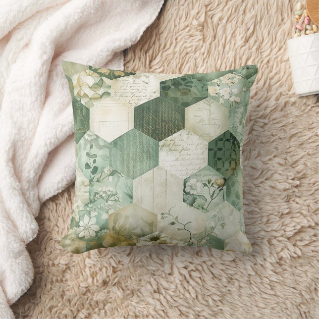 Vintage Hexagon Botanical Patchwork Cushion (Blanket)