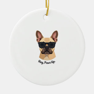 Vintage Hey, Paws Up French Bulldog Sunglasses Gra Ceramic Tree Decoration