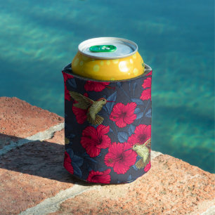 Vintage Hibiscus Botanical and Hummingbird Can Cooler