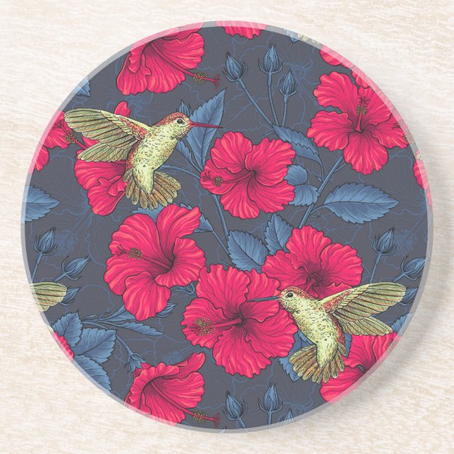 Vintage Hibiscus Botanical and Hummingbird Coaster (Front)