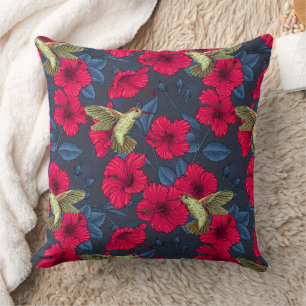 Vintage Hibiscus Botanical and Hummingbird Cushion