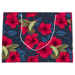 Vintage Hibiscus Botanical and Hummingbird Large Gift Bag