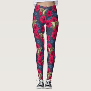 Vintage Hibiscus Botanical and Hummingbird Leggings