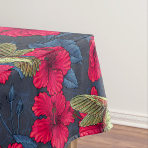 Vintage Hibiscus Botanical and Hummingbird Tablecloth