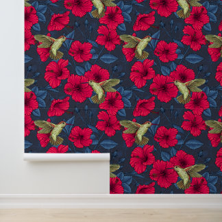 Vintage Hibiscus Botanical and Hummingbird Wallpaper