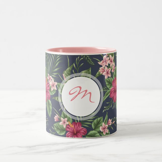 Vintage Hibiscus dark pattern Monogram Mug (Center)
