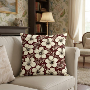 Vintage Hibiscus Floral Seamless Pattern in Maroon Cushion